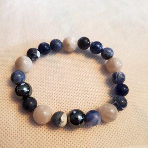 Blue and White Stone Bead Stretch Bracelet Unisex Fashion Design Casual Style